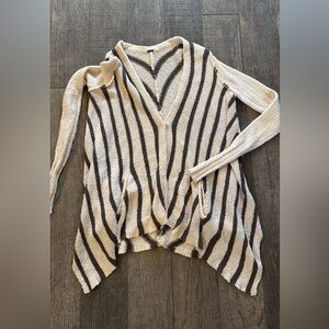 Striped Free People Open-Front Knit Sweater - Cream and Brown
